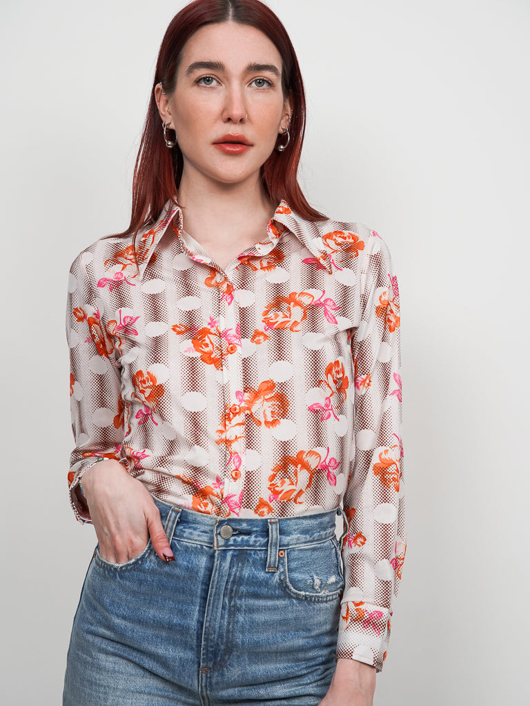 Vintage floral blouse with orange rose motifs (S-M)