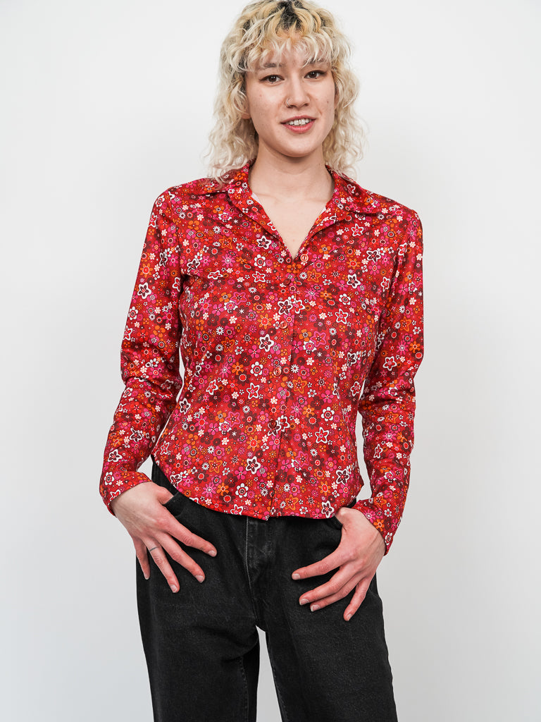 70s red floral button-up (S)